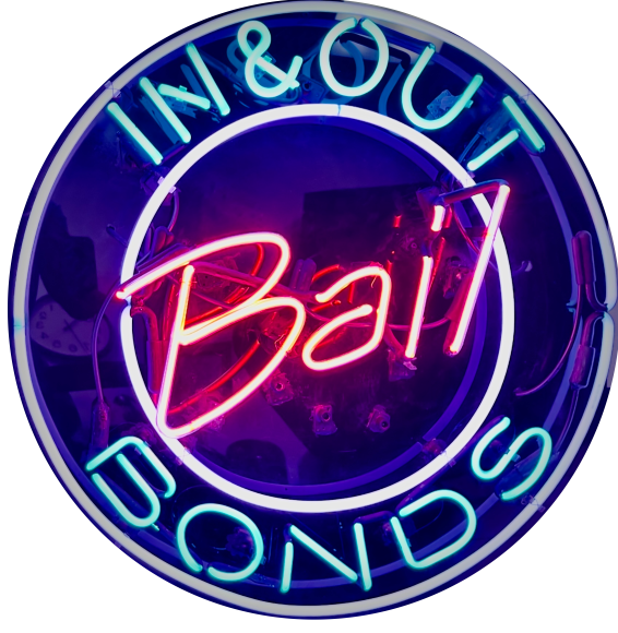 IN & OUT Bail Bonds neon sign with vibrant blue and pink lettering, highlighting bail services in Vista, CA.